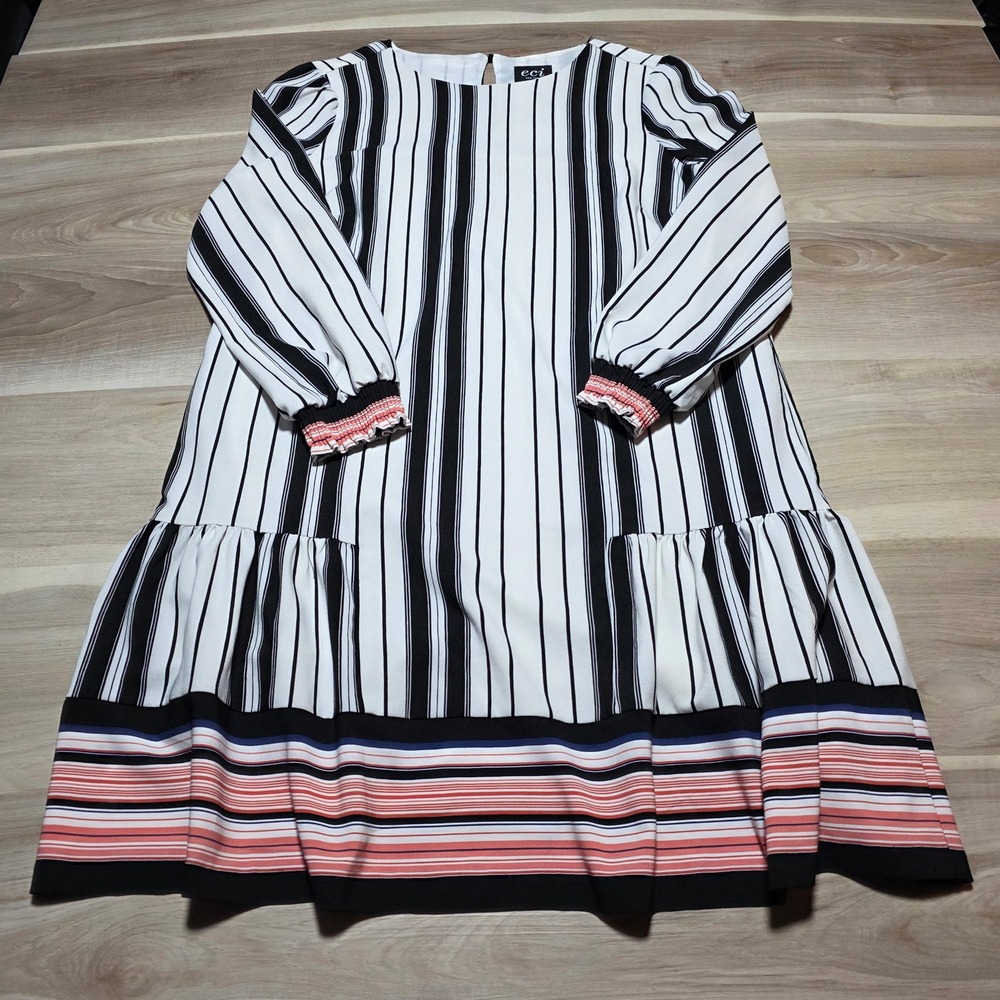 ECI New York Stripe Shift Dress Women Large Black White Smocked Cuff Long Sleeve